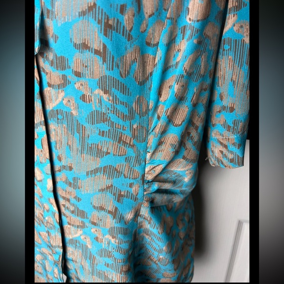 DONCASTER Silk Blouse Tie Collar Button Turquoise Brown Short Sleeve Geo Small - Picture 7 of 9